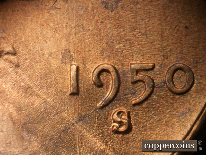 Die-stage B marker on 1950S•1MM•040 (1950 Repunched Mint Mark).