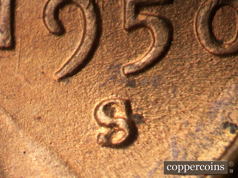 1950 Lincoln cent obverse, CopperCoins die 1950S•1MM•042.