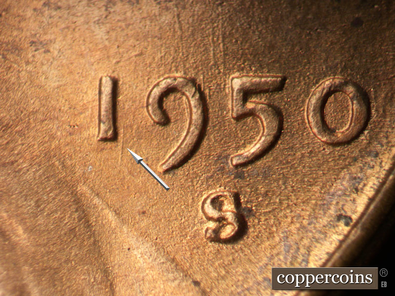 Die-stage B marker on 1950S•1MM•042 (1950 Repunched Mint Mark).