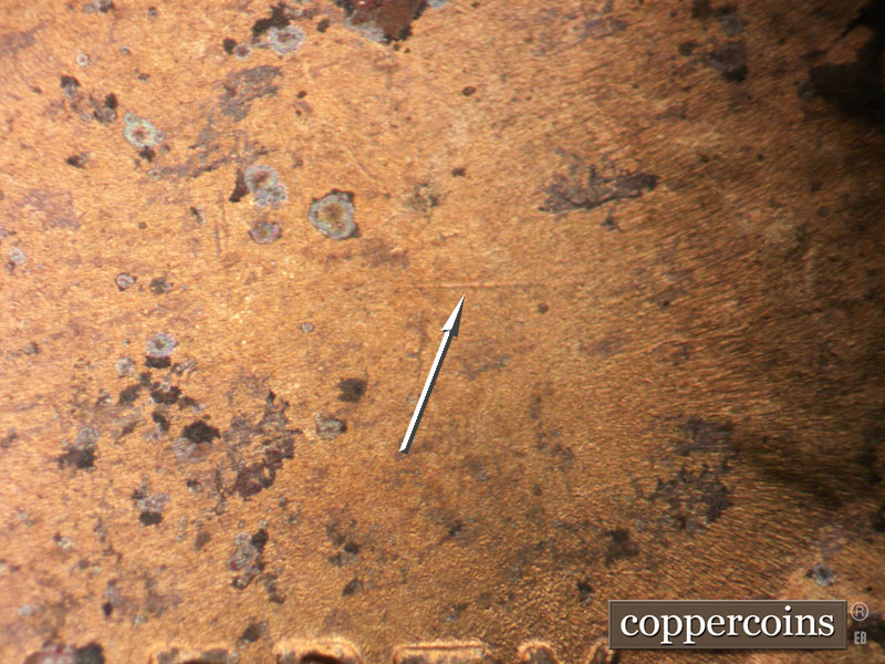 Die-stage B marker on 1950S•1MM•042 (1950 Repunched Mint Mark).