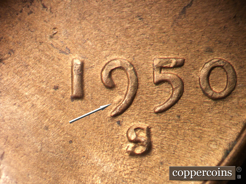 Die-stage B marker on 1950S•1MM•043 (1950 Repunched Mint Mark).