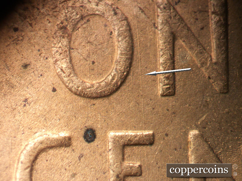 Die-stage B marker on 1950S•1MM•043 (1950 Repunched Mint Mark).