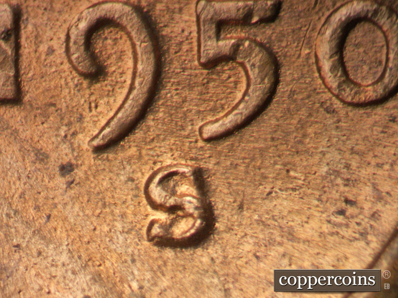 1950 Lincoln cent obverse, CopperCoins die 1950S•1MM•044.