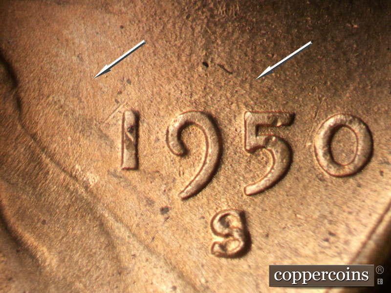 Die-stage B marker on 1950S•1MM•044 (1950 Repunched Mint Mark).