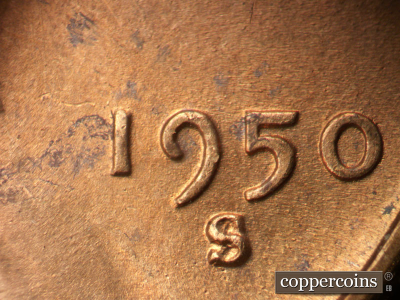 Die-stage B marker on 1950S•1MM•046 (1950 Repunched Mint Mark).