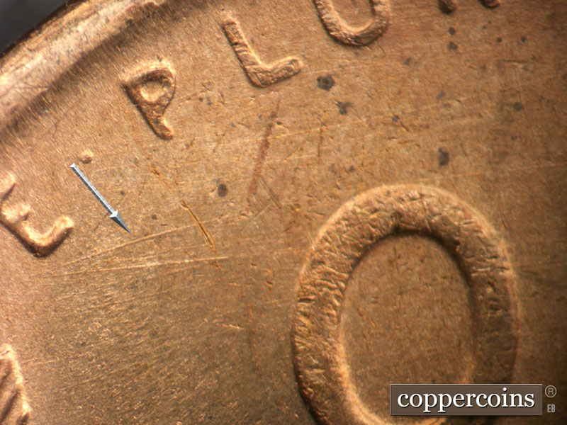Die-stage B marker on 1950S•1MM•046 (1950 Repunched Mint Mark).