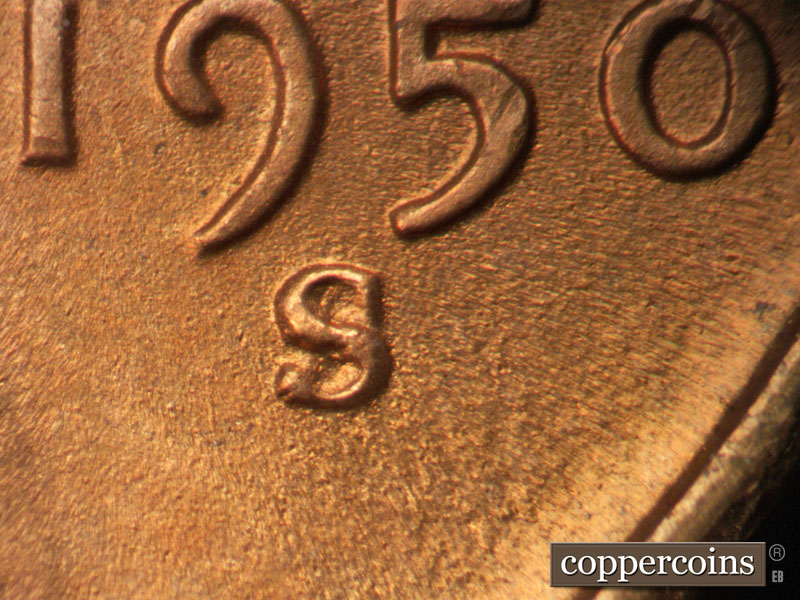 1950 Lincoln cent obverse, CopperCoins die 1950S•1MM•047.