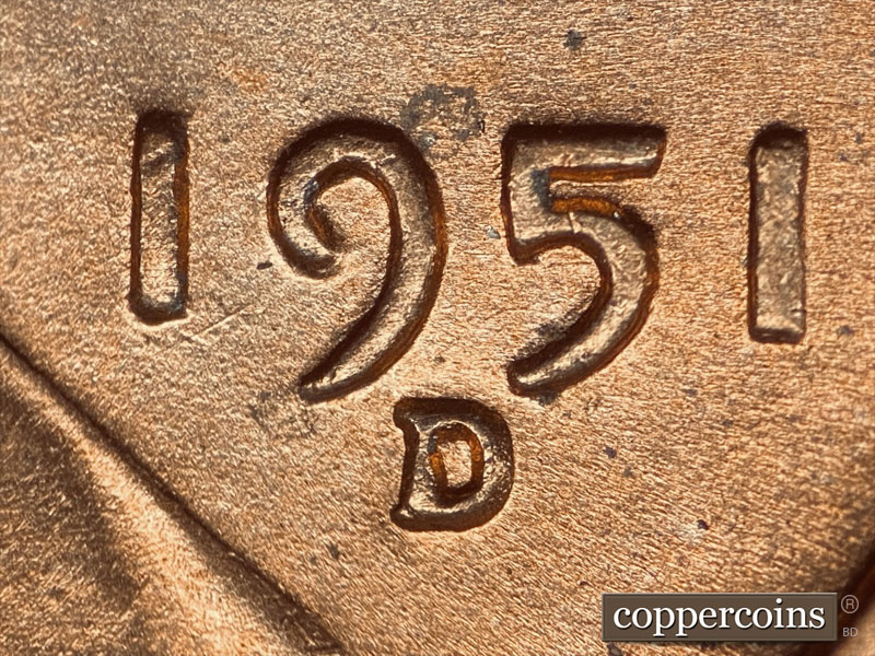 Die-stage B marker on 1951D•1DO•003 (1951 Doubled Die Obverse).
