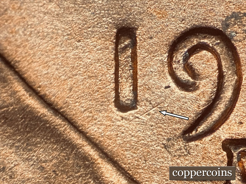 Die-stage B marker on 1951D•1DO•003 (1951 Doubled Die Obverse).