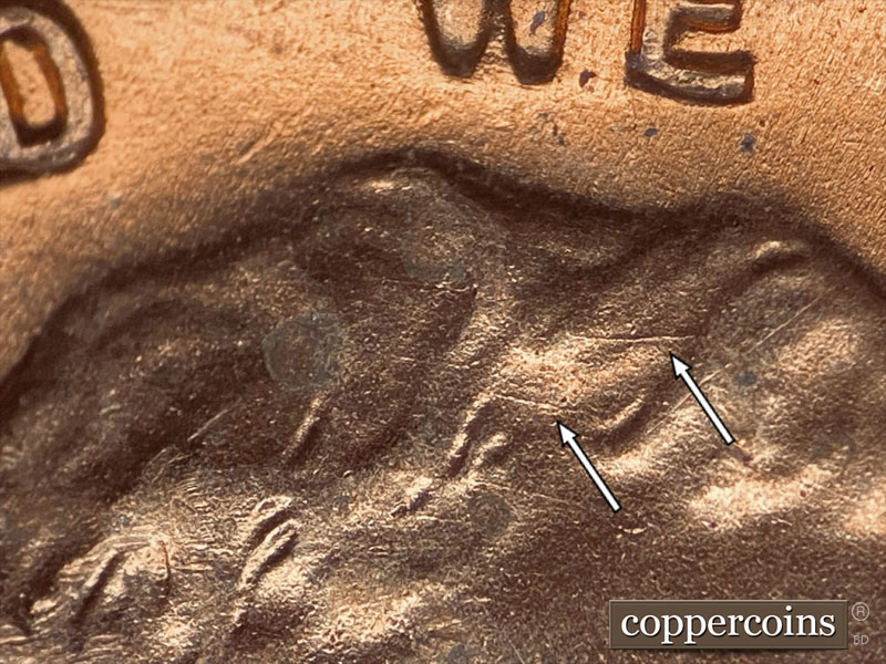 Die-stage B marker on 1951D•1DO•003 (1951 Doubled Die Obverse).