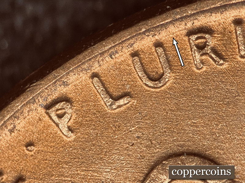 Die-stage B marker on 1951D•1DO•003 (1951 Doubled Die Obverse).
