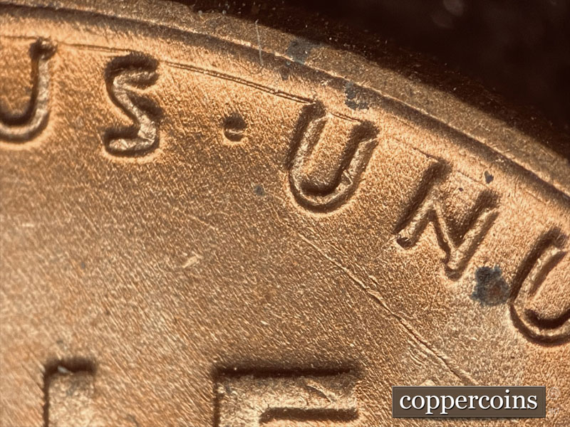 Die-stage B marker on 1951D•1DO•003 (1951 Doubled Die Obverse).