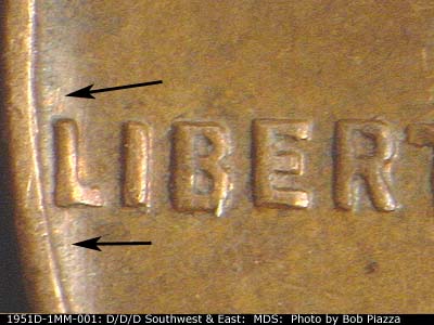 Die-stage B marker on 1951D•1MM•001 (1951 Repunched Mint Mark).