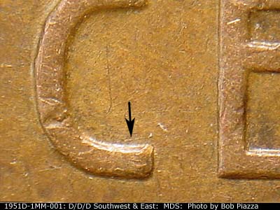 Die-stage B marker on 1951D•1MM•001 (1951 Repunched Mint Mark).