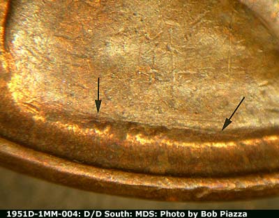 Die-stage B marker on 1951D•1MM•004 (1951 Repunched Mint Mark).