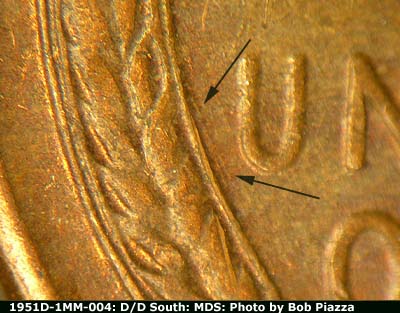 Die-stage B marker on 1951D•1MM•004 (1951 Repunched Mint Mark).