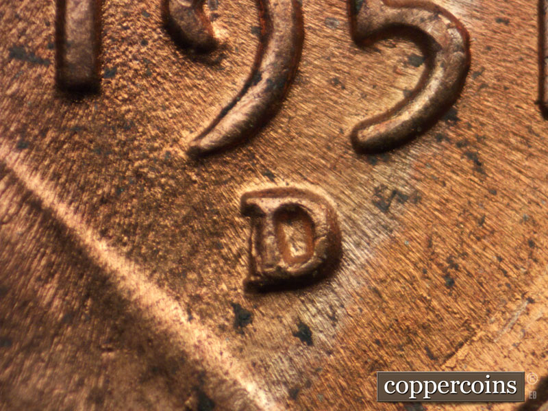 Die-stage B marker on 1951D•1MM•005 (1951 Repunched Mint Mark).