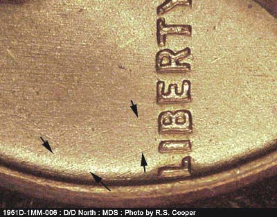 Die-stage B marker on 1951D•1MM•006 (1951 Repunched Mint Mark).