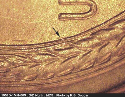 Die-stage B marker on 1951D•1MM•006 (1951 Repunched Mint Mark).
