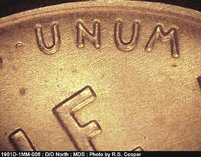 Die-stage B marker on 1951D•1MM•006 (1951 Repunched Mint Mark).
