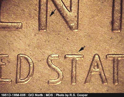 Die-stage B marker on 1951D•1MM•006 (1951 Repunched Mint Mark).