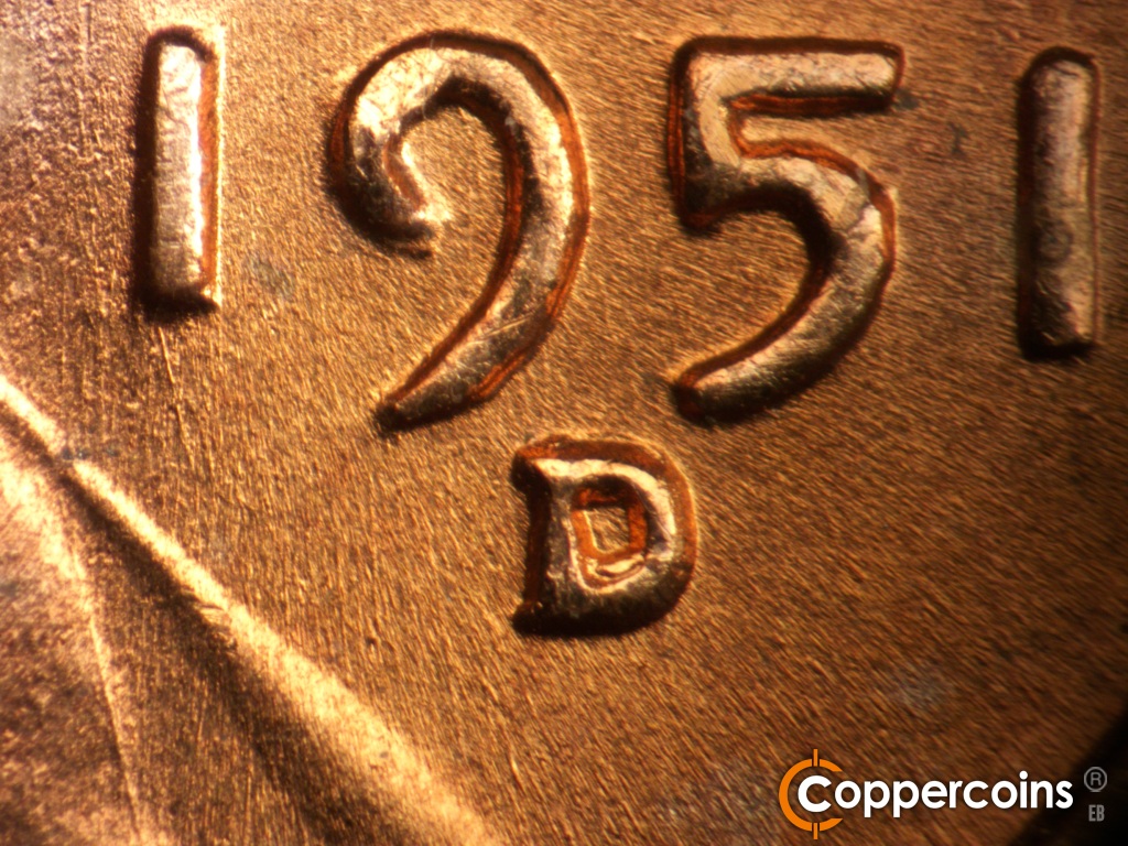 Die-stage A marker on 1951D•1MM•006 showing Closeup of repunched mint mark.