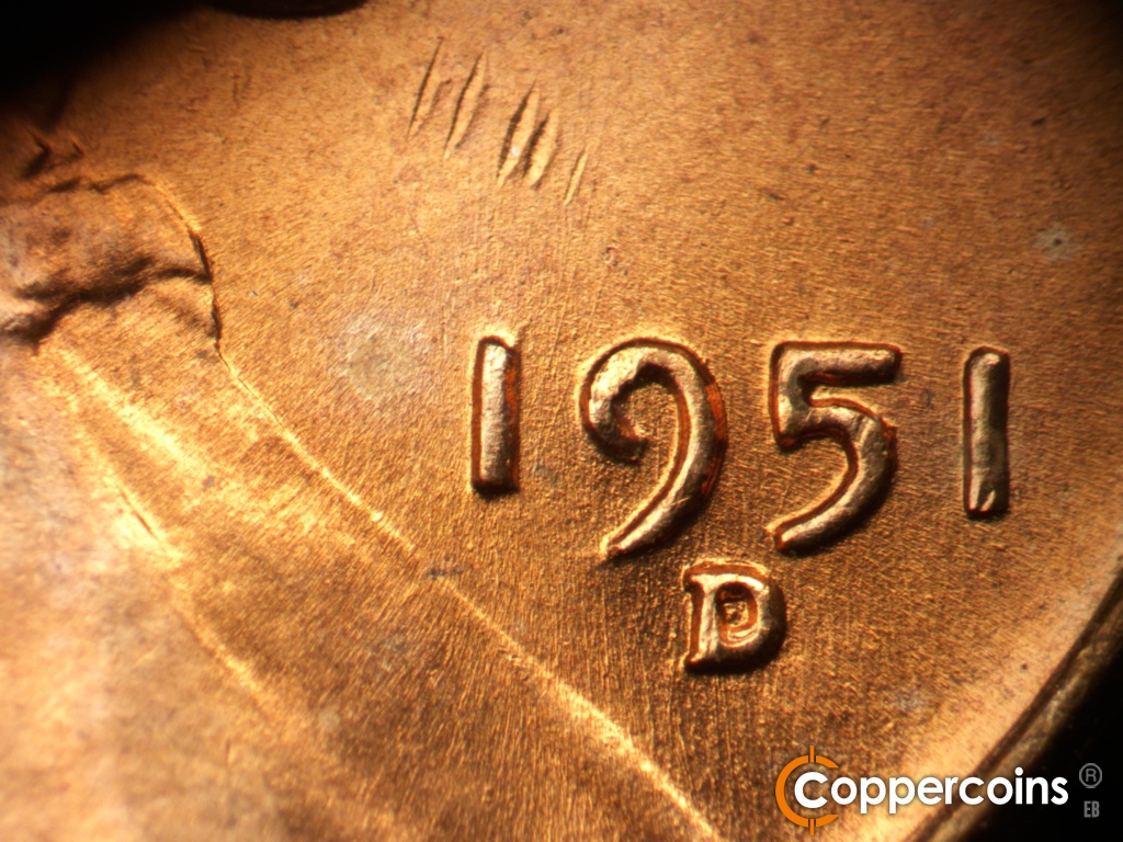 Die-stage A marker on 1951D•1MM•006 showing Die scratches through date.