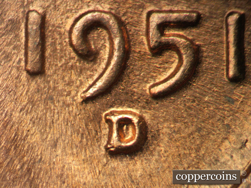 1951 Lincoln cent obverse, CopperCoins die 1951D•1MM•007.