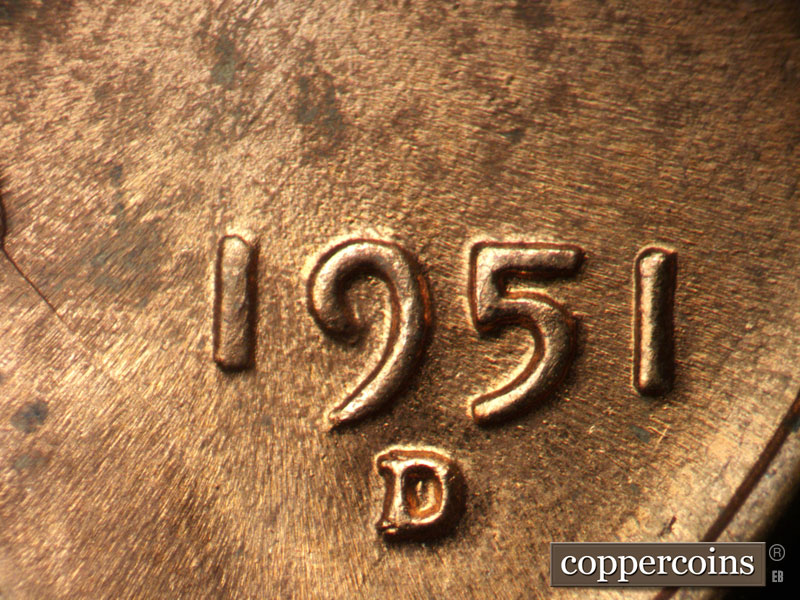 Die-stage B marker on 1951D•1MM•007 (1951 Repunched Mint Mark).