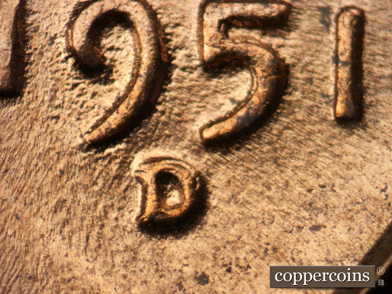 Die-stage C marker on 1951D•1MM•008 (1951 Repunched Mint Mark).