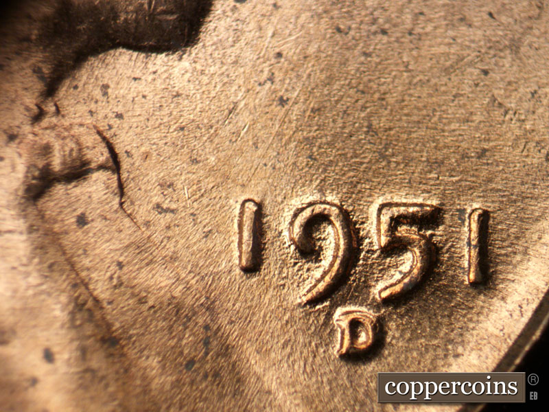 Die-stage C marker on 1951D•1MM•008 (1951 Repunched Mint Mark).