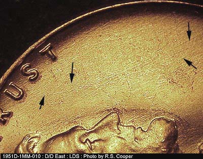 Die-stage C marker on 1951D•1MM•010 (1951 Repunched Mint Mark).