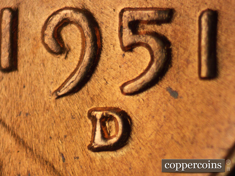 1951 Lincoln cent obverse, CopperCoins die 1951D•1MM•011.