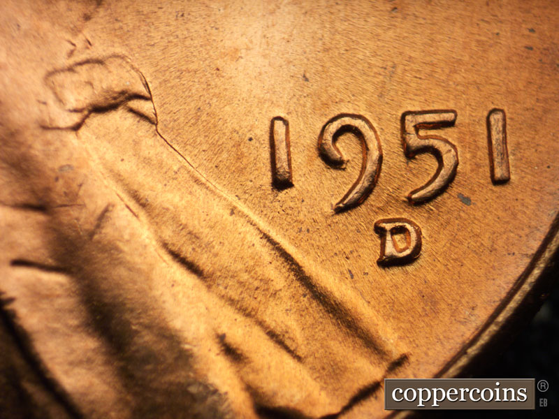 Die-stage B marker on 1951D•1MM•011 (1951 Repunched Mint Mark).
