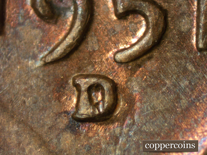 Die-stage A marker on 1951D•1MM•013 (1951 Repunched Mint Mark).