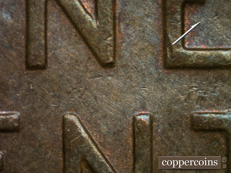 Die-stage A marker on 1951D•1MM•013 (1951 Repunched Mint Mark).