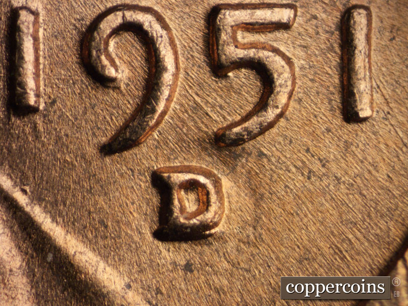 1951 Lincoln cent obverse, CopperCoins die 1951D•1MM•013.