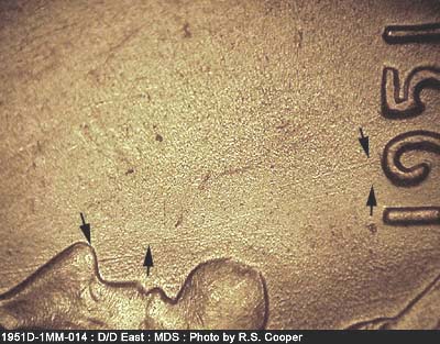 Die-stage B marker on 1951D•1MM•014 (1951 Repunched Mint Mark).
