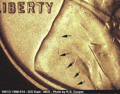 Die-stage B marker on 1951D•1MM•014 (1951 Repunched Mint Mark).