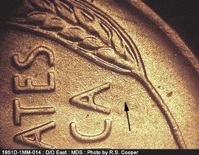 Die-stage B marker on 1951D•1MM•014 (1951 Repunched Mint Mark).