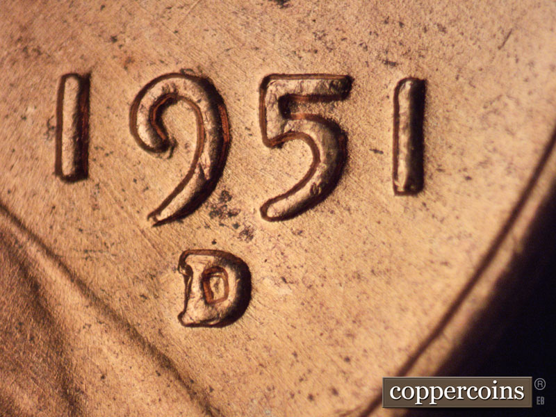 Die-stage A marker on 1951D•1MM•017 (1951 Repunched Mint Mark).