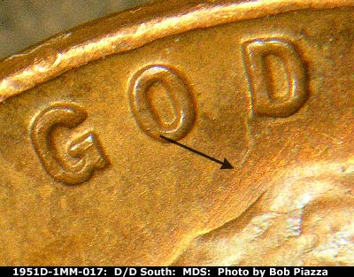 Die-stage B marker on 1951D•1MM•017 (1951 Repunched Mint Mark).