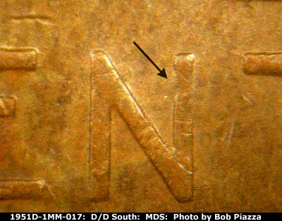 Die-stage B marker on 1951D•1MM•017 (1951 Repunched Mint Mark).