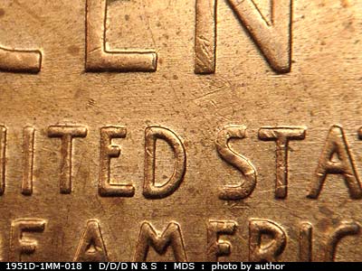 Die-stage B marker on 1951D•1MM•018 (1951 Repunched Mint Mark).
