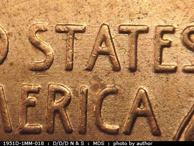 Die-stage B marker on 1951D•1MM•018 (1951 Repunched Mint Mark).