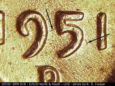 Die-stage C marker on 1951D•1MM•018 (1951 Repunched Mint Mark).