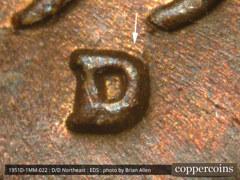 Die-stage A marker on 1951D•1MM•022 (1951 Repunched Mint Mark).
