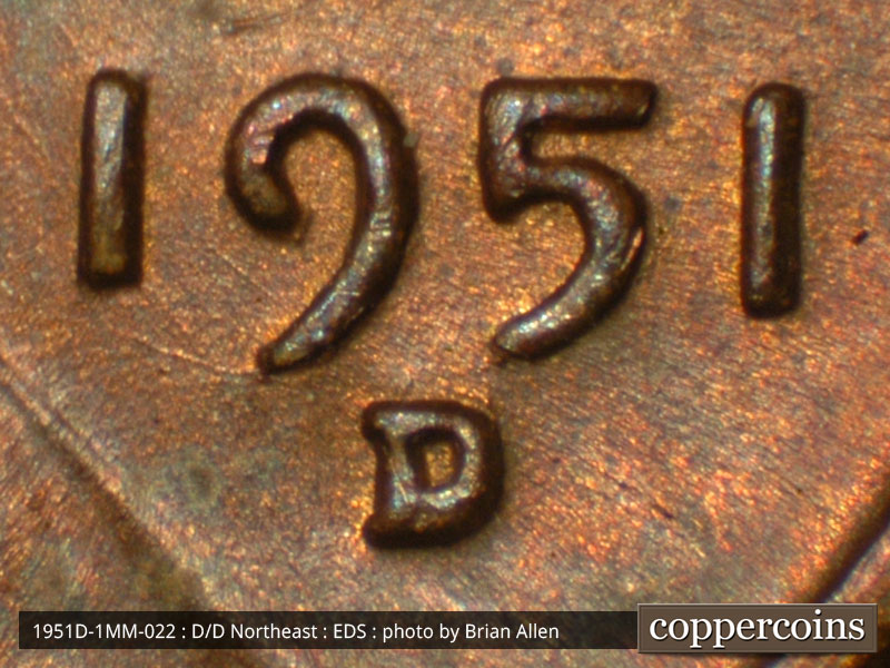 Die-stage A marker on 1951D•1MM•022 (1951 Repunched Mint Mark).