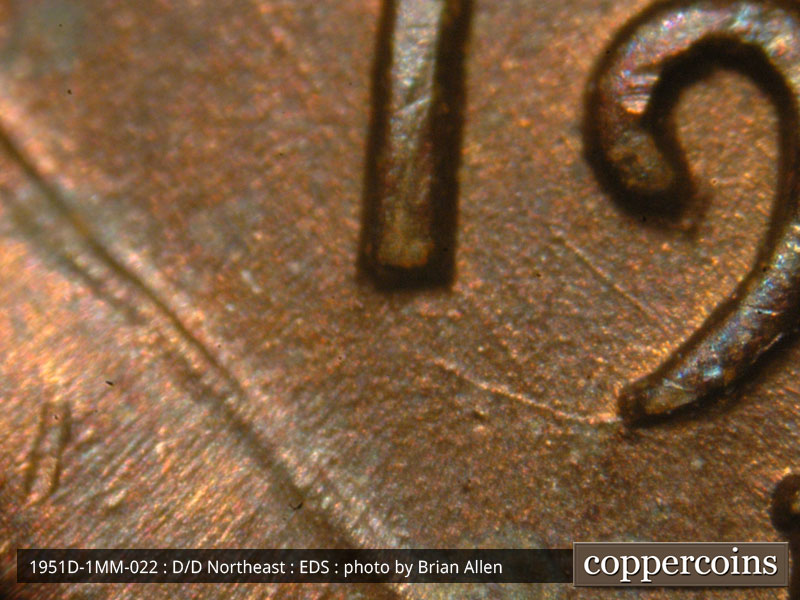 Die-stage A marker on 1951D•1MM•022 (1951 Repunched Mint Mark).