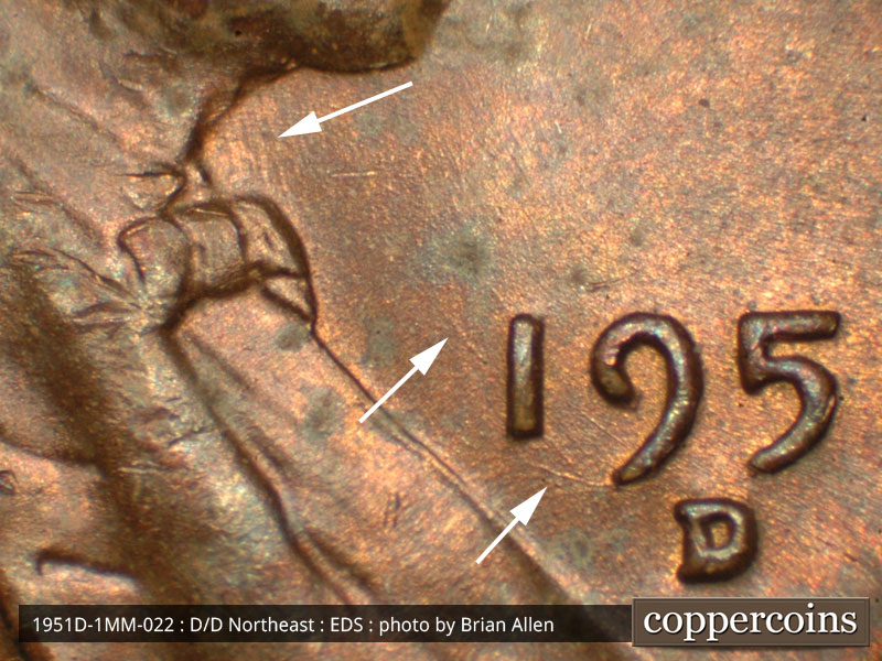Die-stage A marker on 1951D•1MM•022 (1951 Repunched Mint Mark).